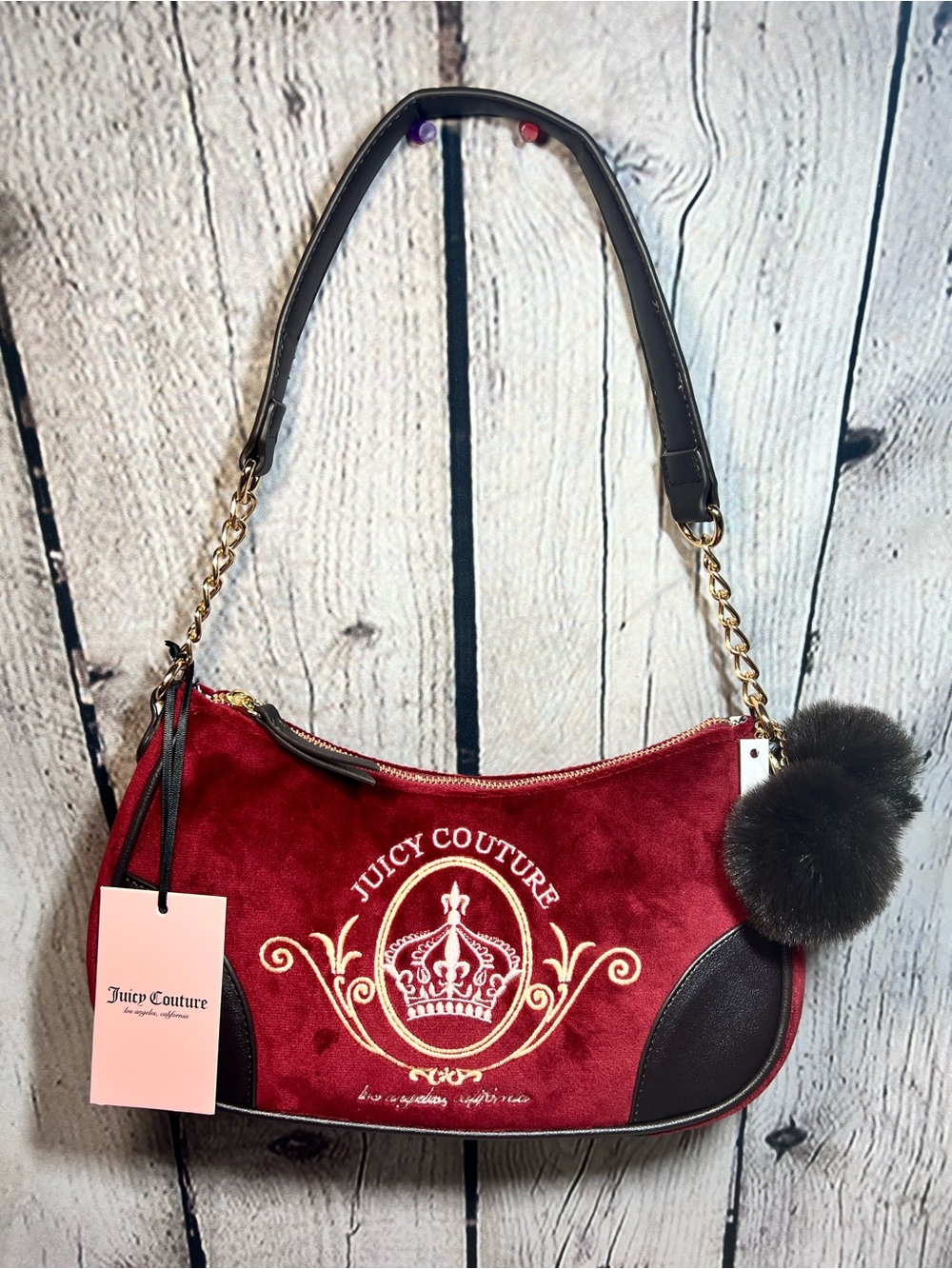 Juicy Couture Burgundy Velvet Shoulder Bag with Gold Chain